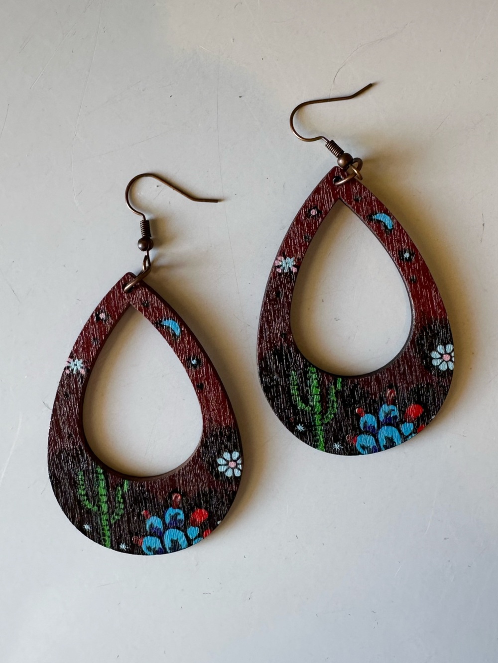 Wooden Teardrop Cactus Floral Earrings